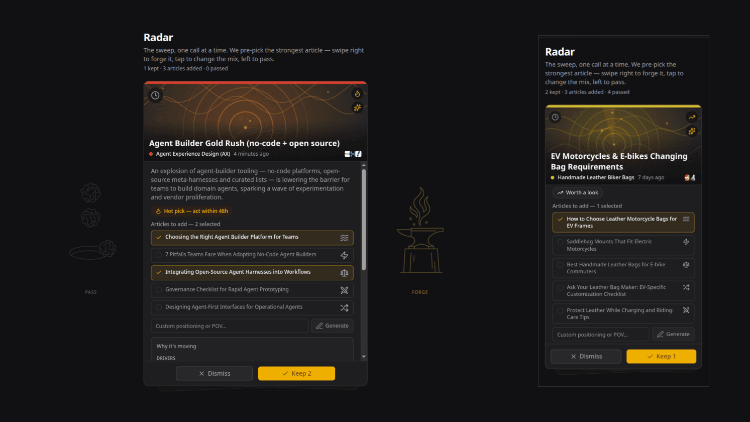 Radar sweep on desktop and mobile showing emergent-topic cards with hot-pick and momentum badges.